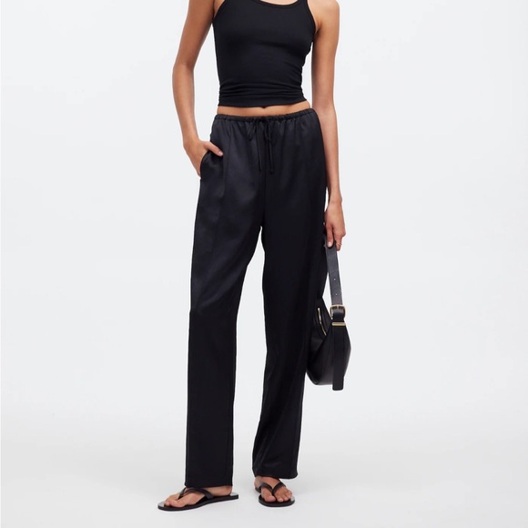 Madewell Pants - Madewell Black Satin Drawstring Wide-Leg Pants